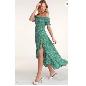 Lulus Green Floral Off the Shoulder Dress